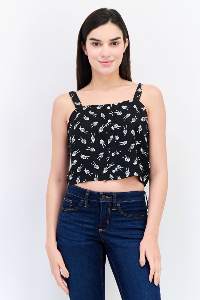 ONLY Women Scoop Neck Sleeveless Allover Print Tank Top, Black - Image 1