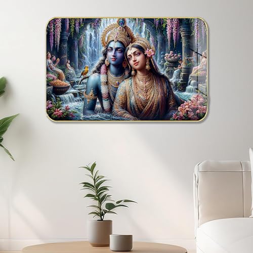 Masstone Radha Krishna Crystal Embedded High Gloss Wall Painting, Golden Slim Frame, 45x30 Cm Wall Art for Living Room, Bedroom, Office & Home Décor (HG12) - Image 1