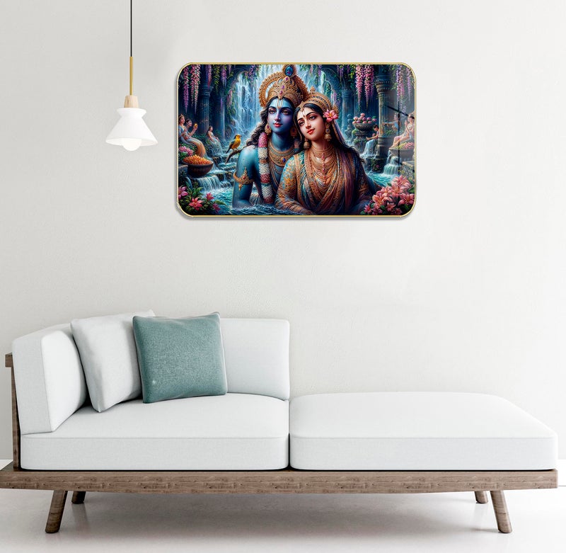 Masstone Radha Krishna Crystal Embedded High Gloss Wall Painting, Golden Slim Frame, 45x30 Cm Wall Art for Living Room, Bedroom, Office & Home Décor (HG12) - Image 3