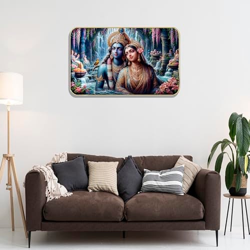 Masstone Radha Krishna Crystal Embedded High Gloss Wall Painting, Golden Slim Frame, 45x30 Cm Wall Art for Living Room, Bedroom, Office & Home Décor (HG12) - Image 2