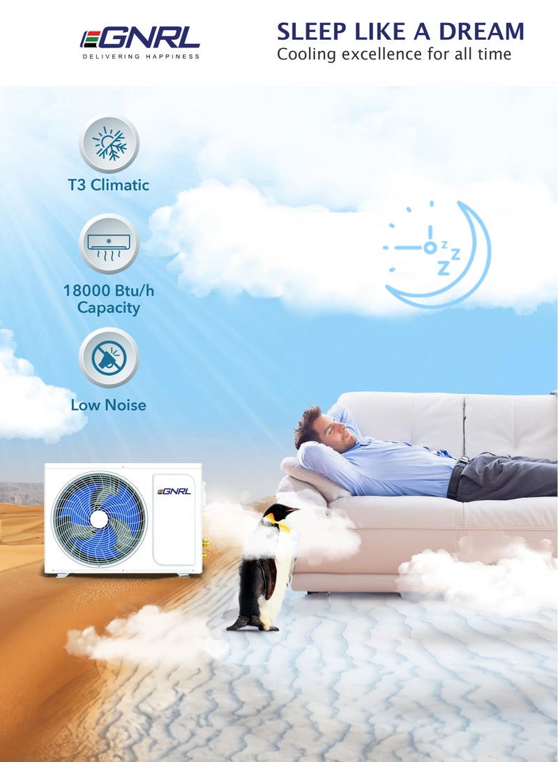 اغنرل 18000 وحدة حرارية BTU T3 مكيف هواء سبليت دوار أبيض R410a - تدفق هواء 4 اتجاهات، زعانف ذهبية | وضع النوم ووظيفة المؤقت وإعادة التشغيل التلقائي | جهاز تحكم عن بعد متضمن 1.5 طن أبيض EG18T3 - ضمان مجاني لمدة 5 سنوات على الضاغط - Image 5