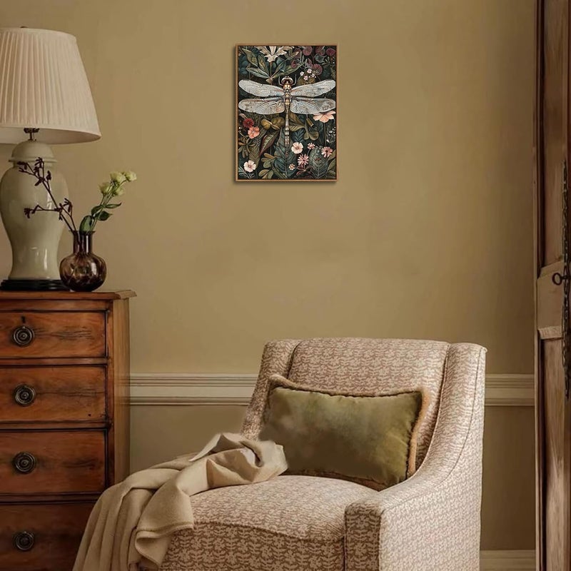 Djmwtb Framed Wall Art Vintage Wall Decor Dragonfly Canvas Art Floral Pictures Insect Paintings Botanical Prints Dark Green Artwork for Bedroom Living Room - Image 2