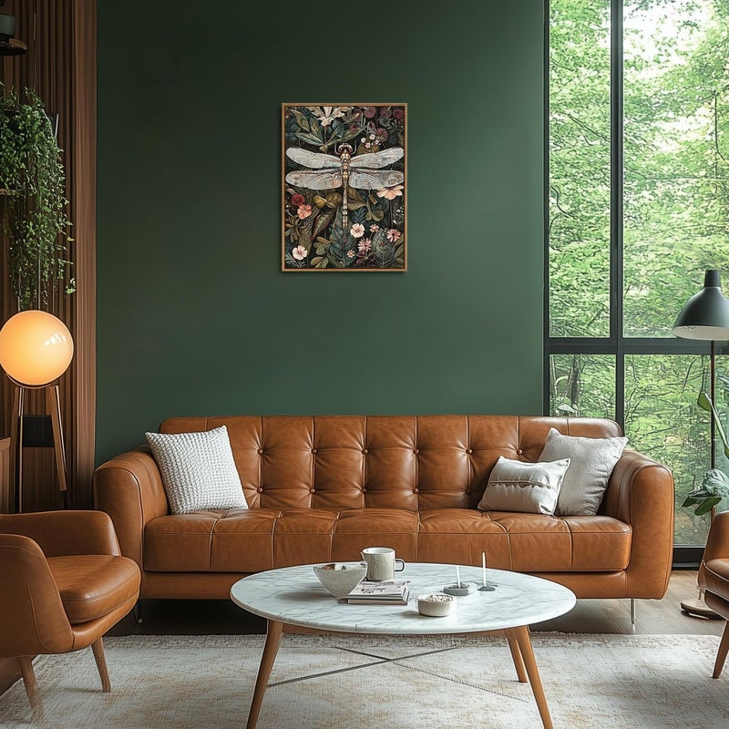 Djmwtb Framed Wall Art Vintage Wall Decor Dragonfly Canvas Art Floral Pictures Insect Paintings Botanical Prints Dark Green Artwork for Bedroom Living Room - Image 4