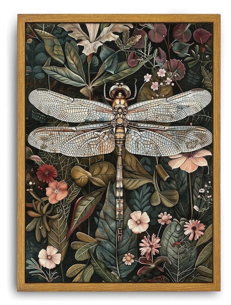 Djmwtb Framed Wall Art Vintage Wall Decor Dragonfly Canvas Art Floral Pictures Insect Paintings Botanical Prints Dark Green Artwork for Bedroom Living Room - Image 1