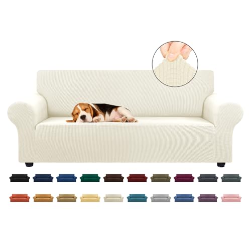 KEKUOU Stretch Sofa Cover Slipcover ，Couch Covers for 3 Cushion Couch Sofa pet Friendly (78"-94") Furniture Protector Sofa with Elastic Bottom for Kids,Dog, Jacquard Small Checked(Large,Beige) - Image 1