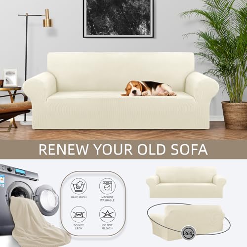 KEKUOU Stretch Sofa Cover Slipcover ，Couch Covers for 3 Cushion Couch Sofa pet Friendly (78"-94") Furniture Protector Sofa with Elastic Bottom for Kids,Dog, Jacquard Small Checked(Large,Beige) - Image 3