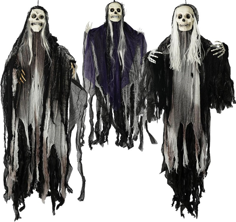 Hourleey 3 Pack Halloween Hanging Ghosts Decorations Outdoor, Scary Flying Grim Reapers Skeleton, Skull Ghost Halloween Decor for Yard Porch Frontdoor Party Haunted House Props - Image 1