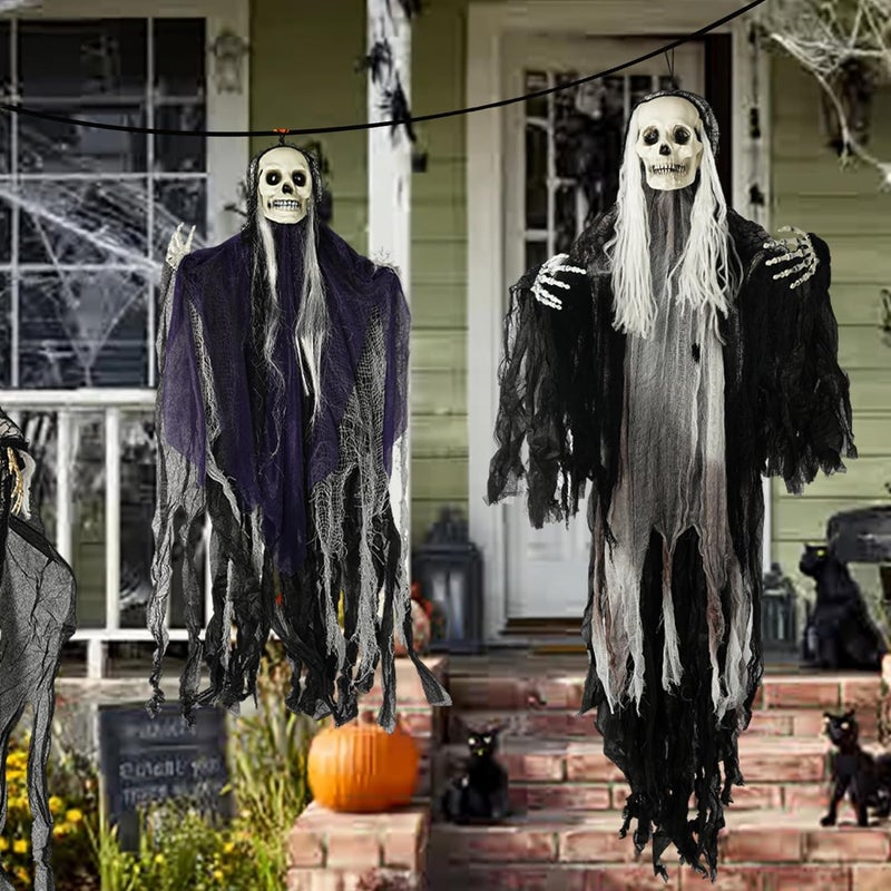 Hourleey 3 Pack Halloween Hanging Ghosts Decorations Outdoor, Scary Flying Grim Reapers Skeleton, Skull Ghost Halloween Decor for Yard Porch Frontdoor Party Haunted House Props - Image 3