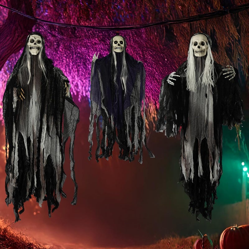 Hourleey 3 Pack Halloween Hanging Ghosts Decorations Outdoor, Scary Flying Grim Reapers Skeleton, Skull Ghost Halloween Decor for Yard Porch Frontdoor Party Haunted House Props - Image 2