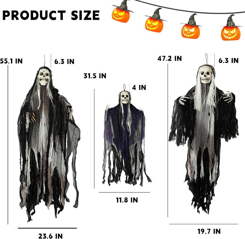 Hourleey 3 Pack Halloween Hanging Ghosts Decorations Outdoor, Scary Flying Grim Reapers Skeleton, Skull Ghost Halloween Decor for Yard Porch Frontdoor Party Haunted House Props - Image 4