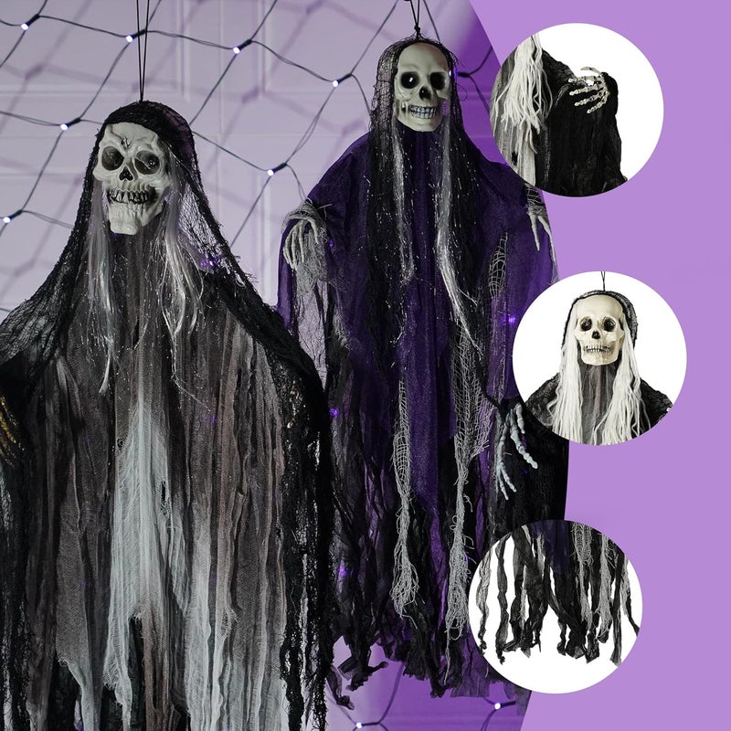 Hourleey 3 Pack Halloween Hanging Ghosts Decorations Outdoor, Scary Flying Grim Reapers Skeleton, Skull Ghost Halloween Decor for Yard Porch Frontdoor Party Haunted House Props - Image 5