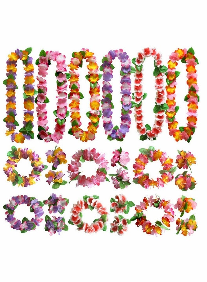 24 PCS Hawaiian Wreath Headband Wristbands Tropical Flower Leaf Hawaii Necklace Headpiece Bracelets Wedding Vacation Summer Beach Carnival Party Garland Decorations - Image 1