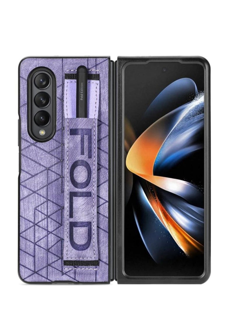 Excefore for Samsung Galaxy Z Fold5 Case with Hand Strap and Pen Holder, Anti-Scratch Shockproof PC Wristband PU Leather Cover Thin Protective Phone Cases for Samsung Galaxy Z Fold 5 (Purple) - Image 2