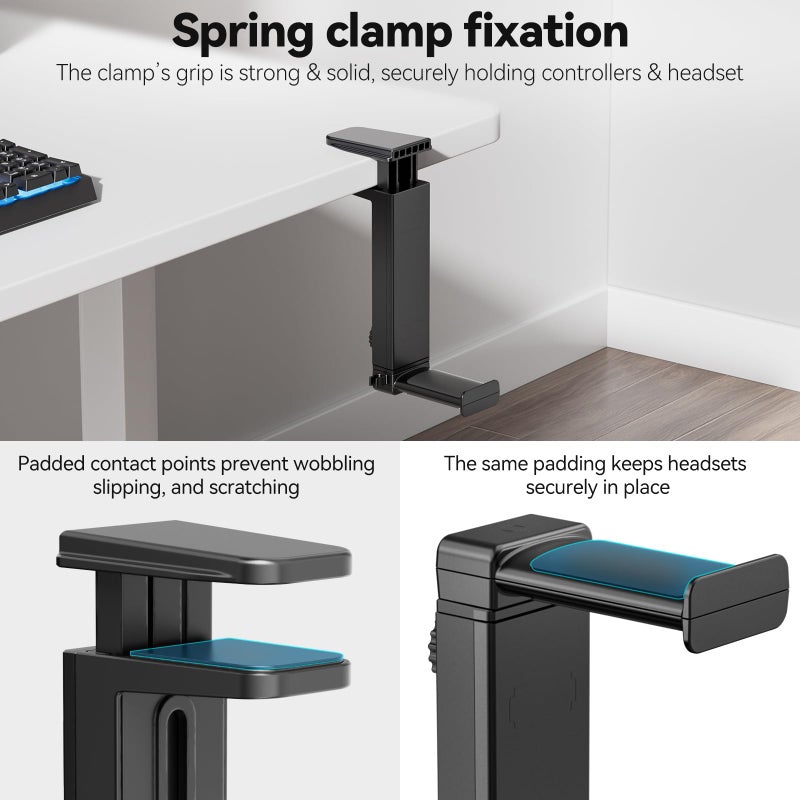 Kosker Headphone Stand Under-Desk or Headset Holder Above-Desk, Headphone Hanger & Headset Hook Under Desk Mount with Spring Clamp & Height Adjustable & Cable Clip for Gaming Gift Accessories. PC Game Headsets - Image 5