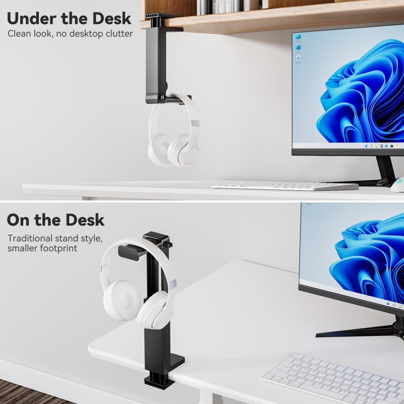 Kosker Headphone Stand Under-Desk or Headset Holder Above-Desk, Headphone Hanger & Headset Hook Under Desk Mount with Spring Clamp & Height Adjustable & Cable Clip for Gaming Gift Accessories. PC Game Headsets - Image 4