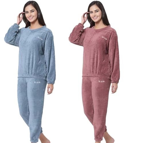 Ukal Combo Pack of 2 Women Winter Nightsuit Ladies Fur Nightwear Warm Night Suit Girls Pyjama Women's Top Pajama Pants Regular Fit Pyjama Set (L, Blue_Maroon) - Image 1