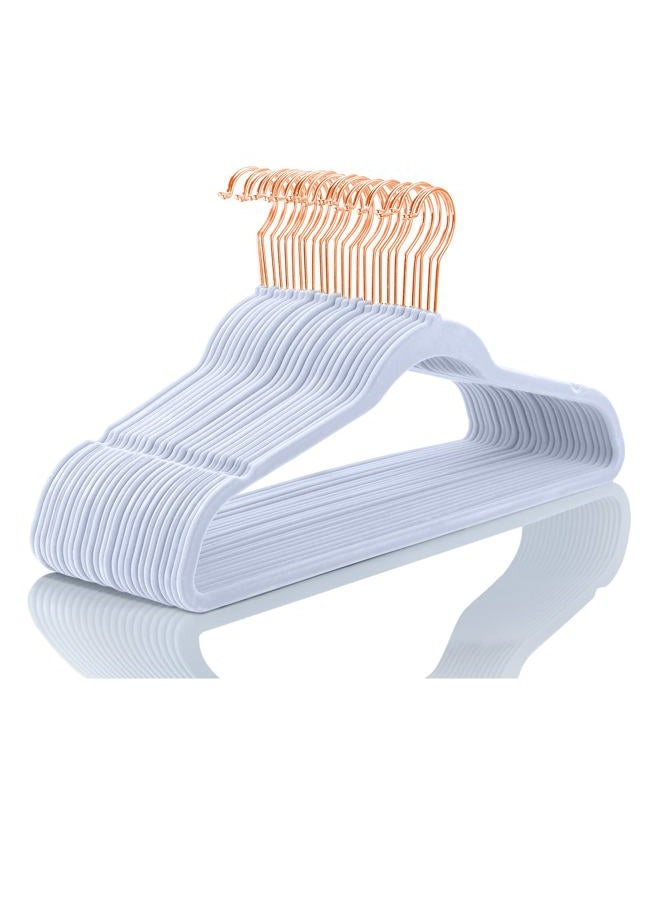 MIZGI Premium Velvet Hangers (50 Pack) Heavy Duty - Non Slip Felt Hangers - Velvet Suit Hangers Light Blue - Rose Gold Hooks,Space Saving Clothes Hangers - Image 1