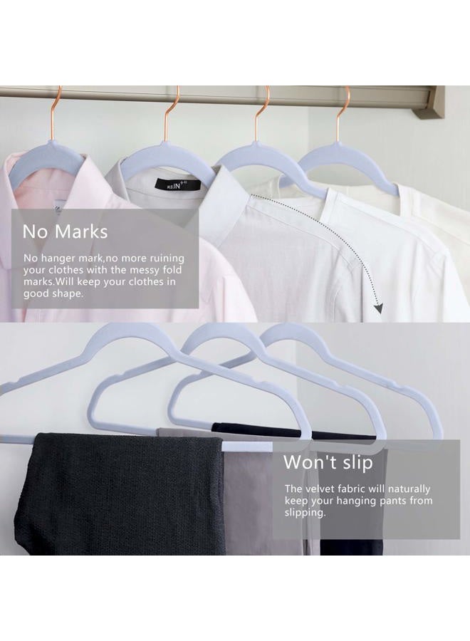 MIZGI Premium Velvet Hangers (50 Pack) Heavy Duty - Non Slip Felt Hangers - Velvet Suit Hangers Light Blue - Rose Gold Hooks,Space Saving Clothes Hangers - Image 4