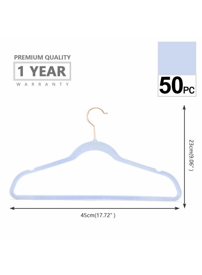 MIZGI Premium Velvet Hangers (50 Pack) Heavy Duty - Non Slip Felt Hangers - Velvet Suit Hangers Light Blue - Rose Gold Hooks,Space Saving Clothes Hangers - Image 2