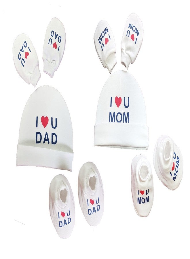 MammaChamp 100% Long Soft Cotton,were I Love Mama Papa Printed Cap and Mitten Booties Combo Set/unisex baby Cap,Gloves & Socks Set/Infants Boys&Girl Shower Gift Pack for 0-6 Months Pk-2 (WHITE) - Image 1
