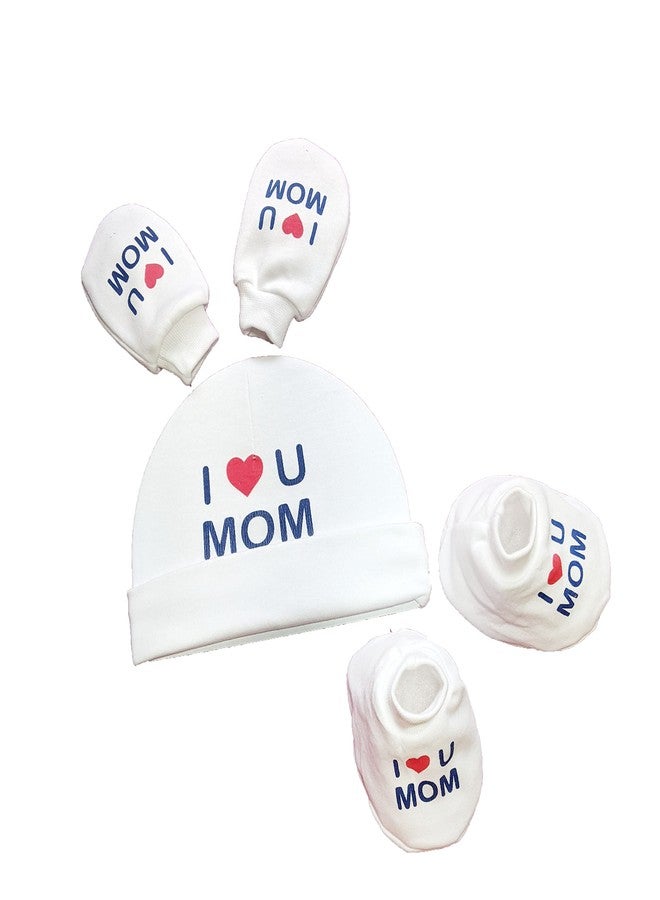 MammaChamp 100% Long Soft Cotton,were I Love Mama Papa Printed Cap and Mitten Booties Combo Set/unisex baby Cap,Gloves & Socks Set/Infants Boys&Girl Shower Gift Pack for 0-6 Months Pk-2 (WHITE) - Image 2