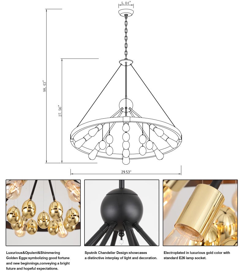 QS ثريا عجلة العربة السوداء والذهبية Q&S، 8 أضواء حديثة على طراز المزرعة، دوائر دائرية مع مصابيح بيض ذهبية لغرفة الطعام، غرفة المعيشة، غرفة النوم، المدخل، المطبخ، الفندق، مدرجة من UL - Image 2