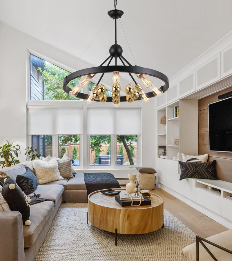 QS ثريا عجلة العربة السوداء والذهبية Q&S، 8 أضواء حديثة على طراز المزرعة، دوائر دائرية مع مصابيح بيض ذهبية لغرفة الطعام، غرفة المعيشة، غرفة النوم، المدخل، المطبخ، الفندق، مدرجة من UL - Image 4