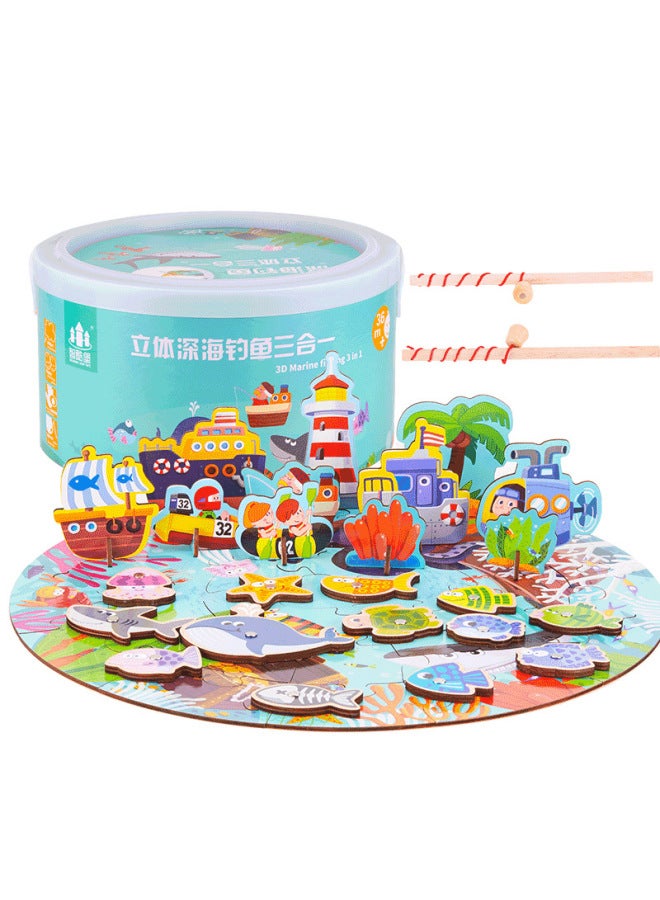 Magnetic Fishing Wooden Children's Toys Simulation Play-house Jigsaw Puzzle Barrel Fishing Gifts Shake Tone Same Style-Color:Stereo Deep Sea - Image 1