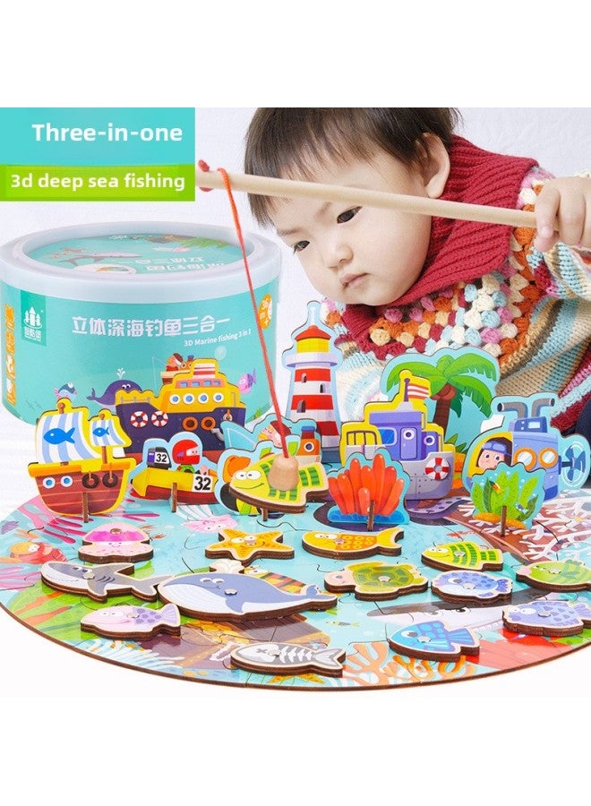 Magnetic Fishing Wooden Children's Toys Simulation Play-house Jigsaw Puzzle Barrel Fishing Gifts Shake Tone Same Style-Color:Stereo Deep Sea - Image 2