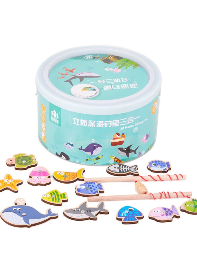 Magnetic Fishing Wooden Children's Toys Simulation Play-house Jigsaw Puzzle Barrel Fishing Gifts Shake Tone Same Style-Color:Stereo Deep Sea - Image 4
