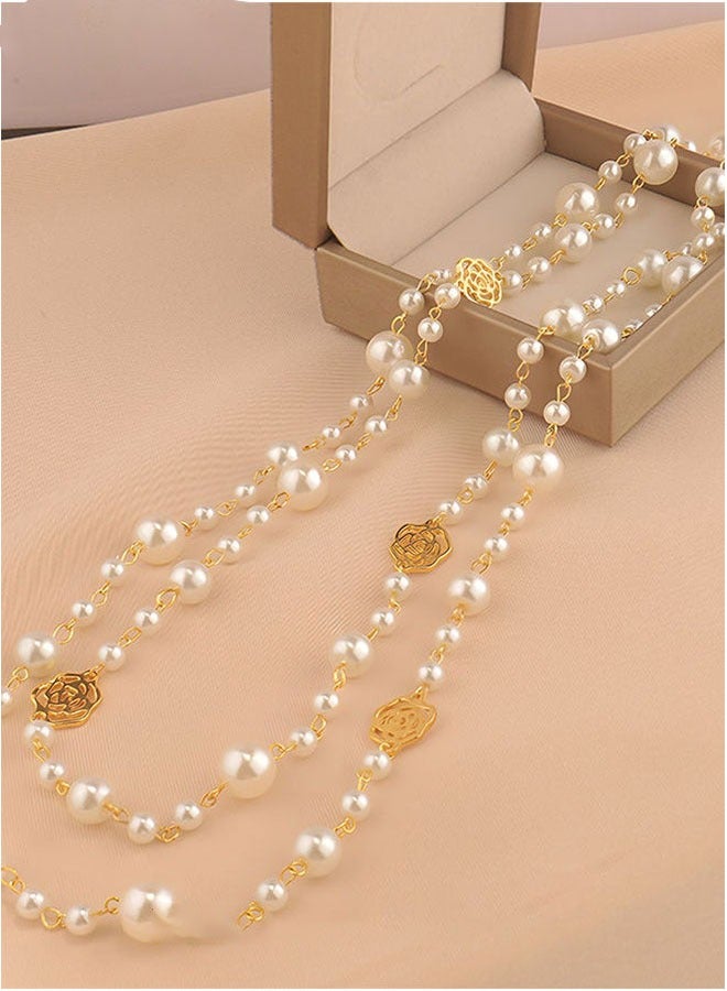 Realfrog High Quality Dainty Pearl Hollow Out Flower Women Sweater Chain Necklace Long Chain Necklaces Gift for Ladies Girls - Image 3