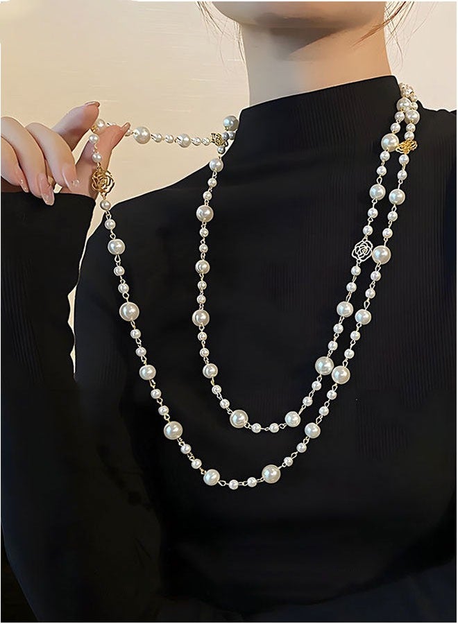 Realfrog High Quality Dainty Pearl Hollow Out Flower Women Sweater Chain Necklace Long Chain Necklaces Gift for Ladies Girls - Image 4
