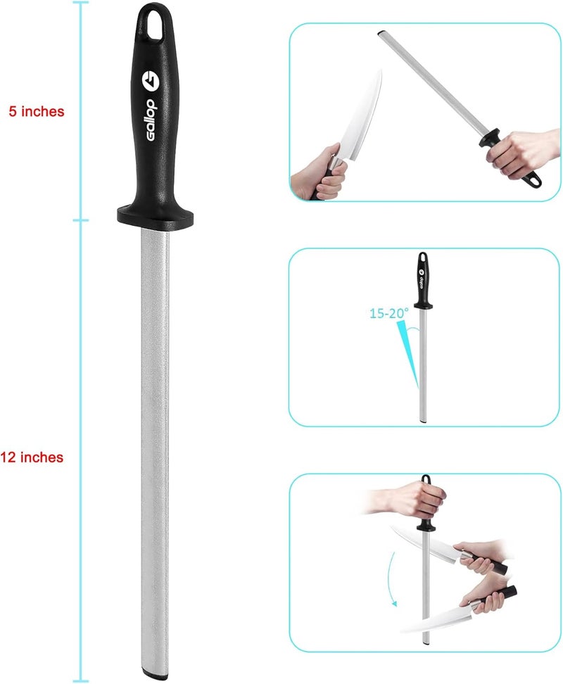 Gallop 12 Inch Diamond Honing Steel,Knife Sharpener Rod,For Sharpening Kitchen Knife, Cooking Knives, Butcher's Knives, Home Gourmet Blades, Garden Tools Sharpening Stick - Image 3