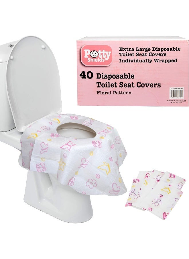 Potty Shields أغطية مقاعد المرحاض - أغطية مقاعد المرحاض القابلة للتخلص منها XL، مغلفة بشكل فردي - كبيرة جدًا، بدون انزلاق (زهري - 40 عبوة) - Image 1