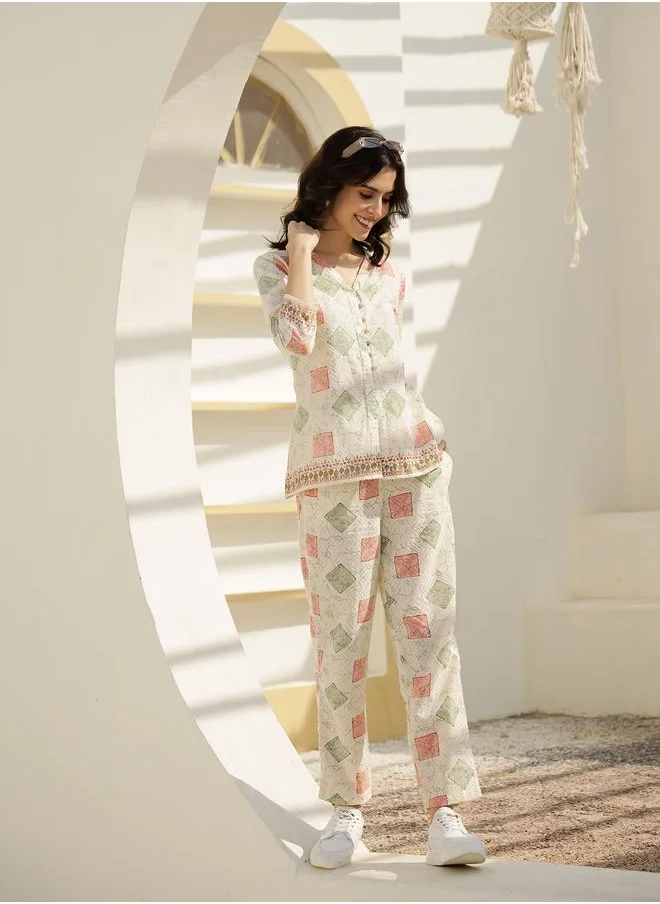 sanskrutihomes Sanskrutihomes Printed Pure Cotton Top with Trousers Co-Ords