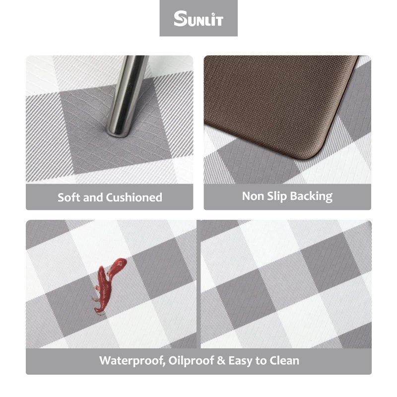 Sunlit Set of 2 Anti Fatigue Kitchen Floor Mat, Non Slip Waterproof Comfort Standing Mat, 0.4 Inch Thick Cushioned Farmhouse Kitchen Rug Runner, Gray and White Buffalo Plaid(Size:17"x28"&17"x47") - Image 4