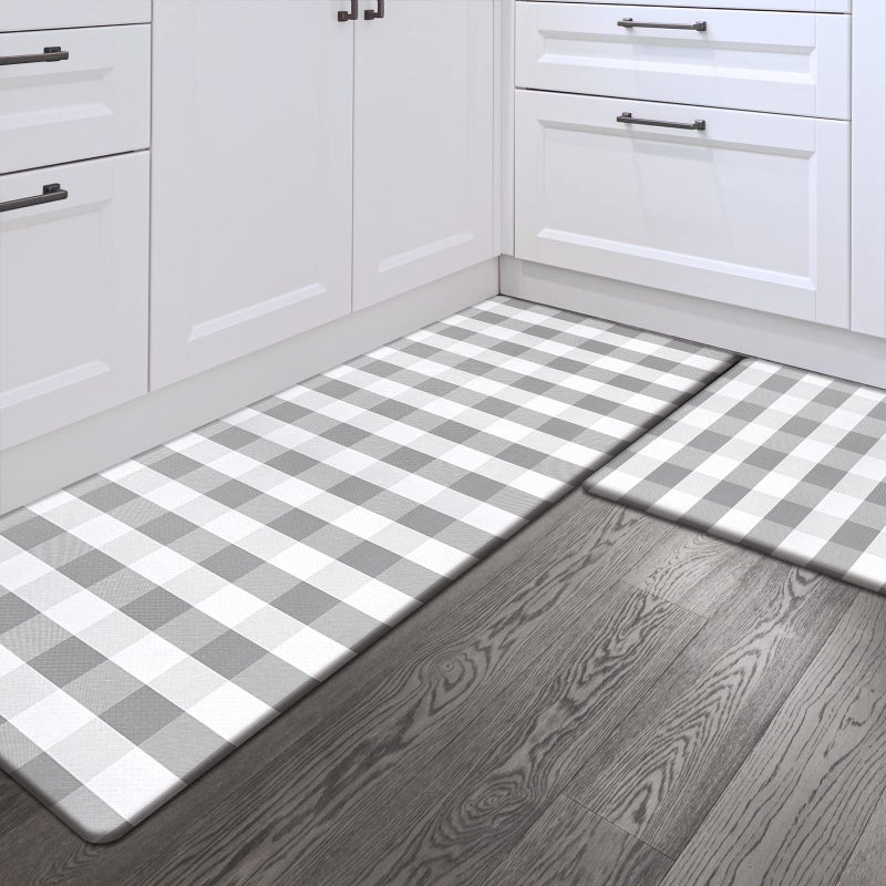 Sunlit Set of 2 Anti Fatigue Kitchen Floor Mat, Non Slip Waterproof Comfort Standing Mat, 0.4 Inch Thick Cushioned Farmhouse Kitchen Rug Runner, Gray and White Buffalo Plaid(Size:17"x28"&17"x47") - Image 1