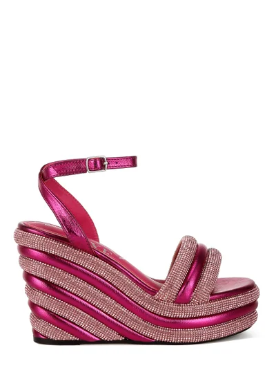 London Rag Rhinestone Studded Wedge Sandals in Fuchsia