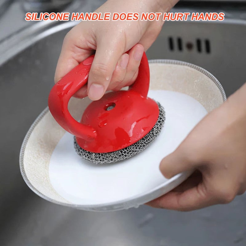 Pot Brush: Red Long Handle, Stainless Steel Ball, Ergonomic Grip - Tough On Stubborn Grime, Durable Construction Dish Washing Brush for Home Kitchen Cleaning - Image 4