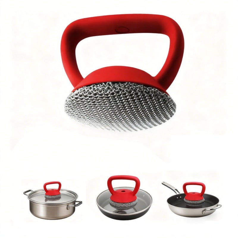 Pot Brush: Red Long Handle, Stainless Steel Ball, Ergonomic Grip - Tough On Stubborn Grime, Durable Construction Dish Washing Brush for Home Kitchen Cleaning - Image 1