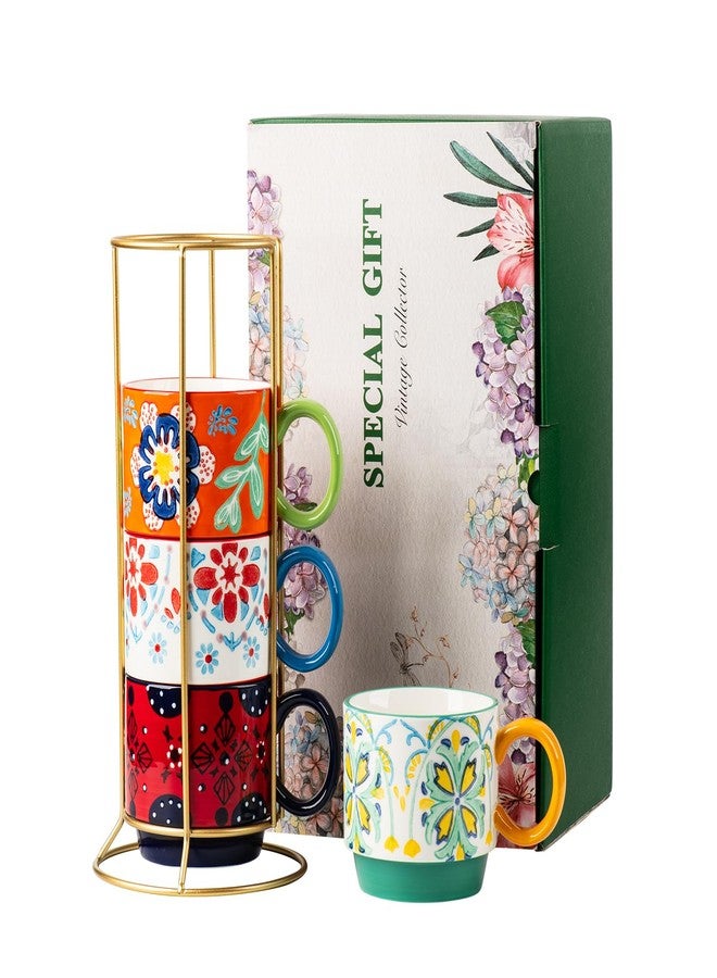 ONECCI Floral Stackable Ceramic Coffee Mugs - Set of 4 with Stand, 12.5 oz Multi-Color Porcelain Cups for Latte, Cappuccino, Tea, Hot Cocoa - Dishwasher & Microwave Safe (Floral) - Image 1