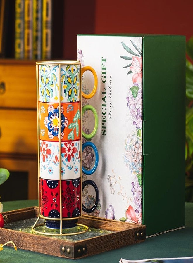 ONECCI Floral Stackable Ceramic Coffee Mugs - Set of 4 with Stand, 12.5 oz Multi-Color Porcelain Cups for Latte, Cappuccino, Tea, Hot Cocoa - Dishwasher & Microwave Safe (Floral) - Image 3