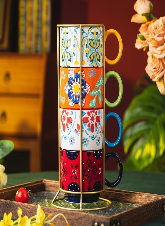 ONECCI Floral Stackable Ceramic Coffee Mugs - Set of 4 with Stand, 12.5 oz Multi-Color Porcelain Cups for Latte, Cappuccino, Tea, Hot Cocoa - Dishwasher & Microwave Safe (Floral) - Image 4