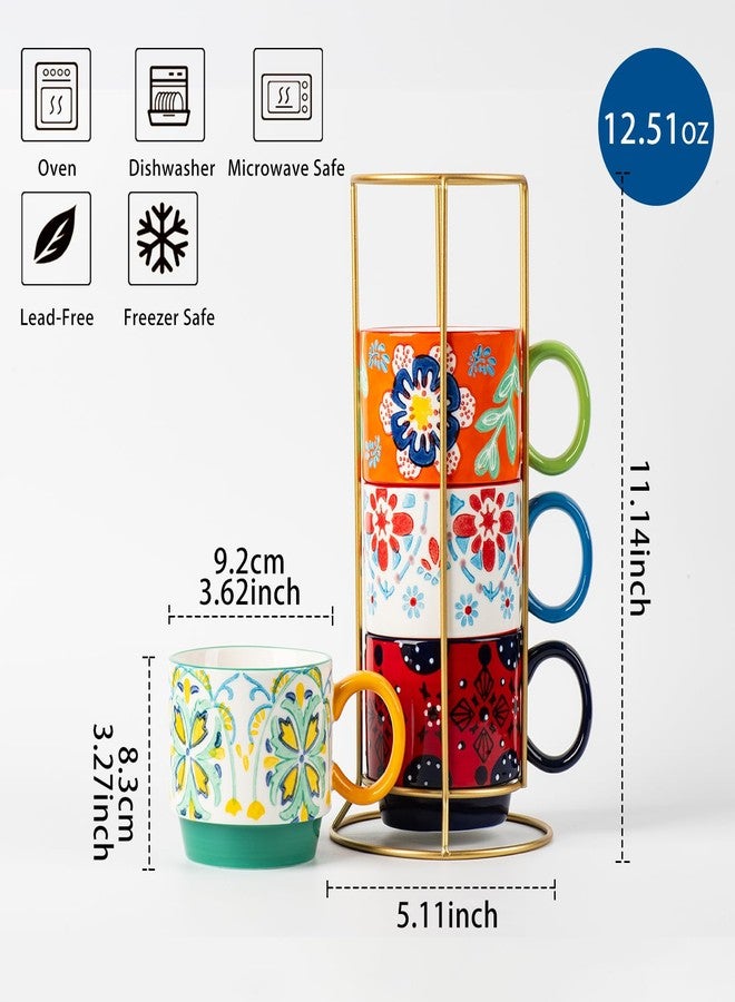ONECCI Floral Stackable Ceramic Coffee Mugs - Set of 4 with Stand, 12.5 oz Multi-Color Porcelain Cups for Latte, Cappuccino, Tea, Hot Cocoa - Dishwasher & Microwave Safe (Floral) - Image 2