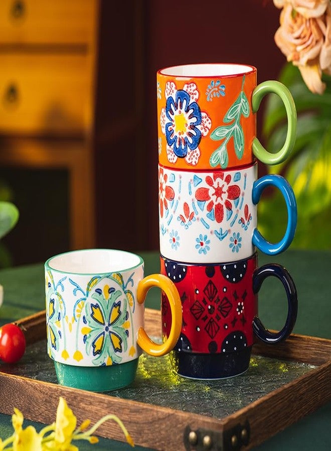 ONECCI Floral Stackable Ceramic Coffee Mugs - Set of 4 with Stand, 12.5 oz Multi-Color Porcelain Cups for Latte, Cappuccino, Tea, Hot Cocoa - Dishwasher & Microwave Safe (Floral) - Image 5