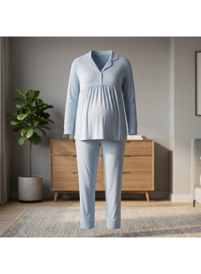 Women's Maternity & Nursing Two-Piece Pajama Set - Long Sleeve Top & Pants |   Cotton and Viscose Blend |   Made in Turkey - Image 1