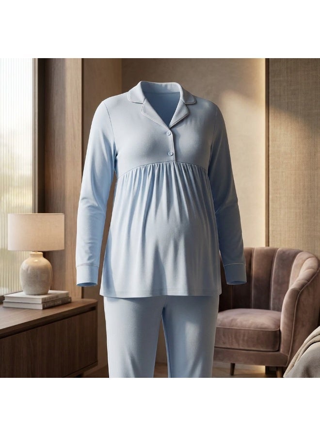 Women's Maternity & Nursing Two-Piece Pajama Set - Long Sleeve Top & Pants |   Cotton and Viscose Blend |   Made in Turkey - Image 2