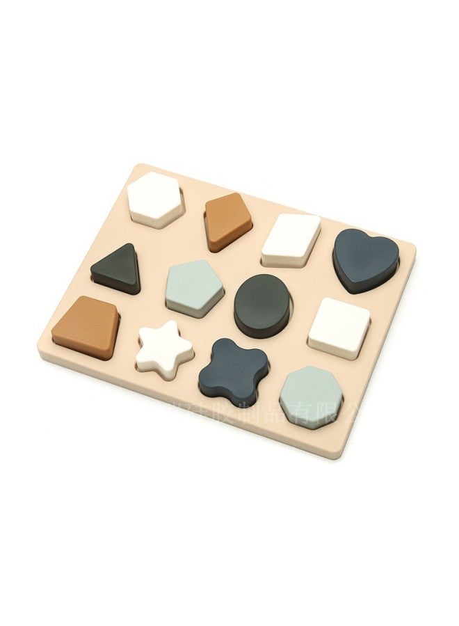 Food Grade Silicone Educational Toys Early Learning Shape Recognition Puzzle Children Wooden 3D Assembly Board Baby Fun Playset-Color:Silicone Geometric Puzzle Blend Tan - Image 1