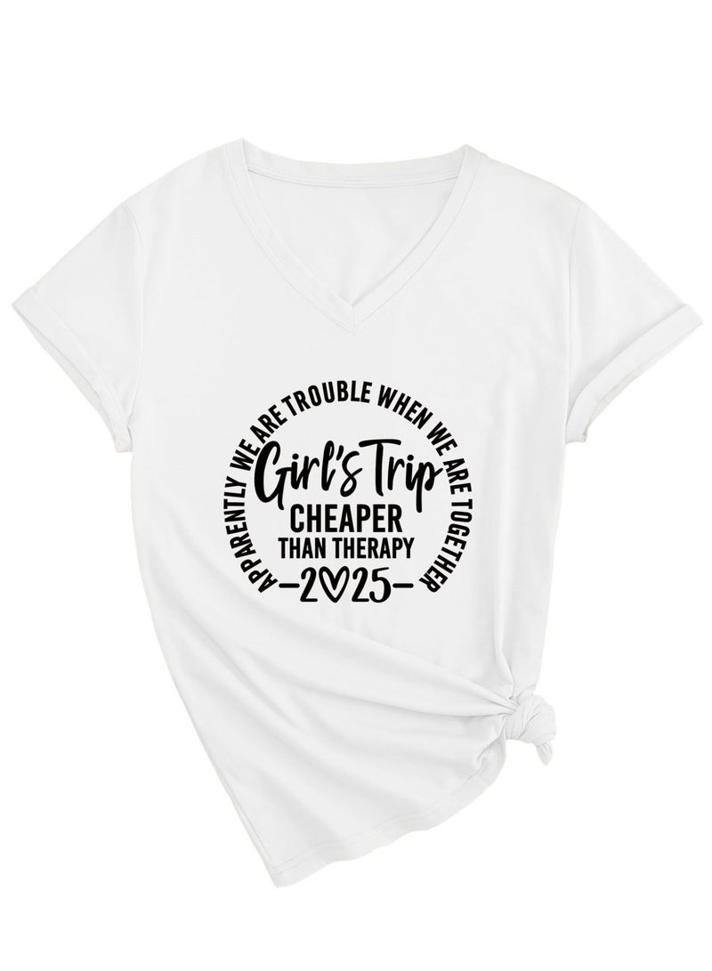 Women Funny Short Sleeve V Neck T Shirt Summer Vacation Tees - Image 1