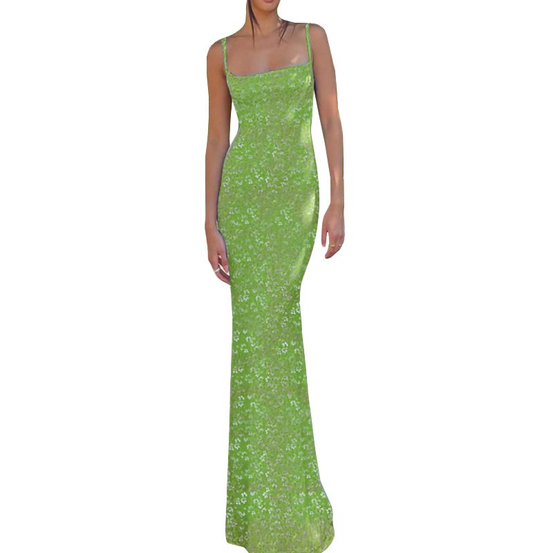 KMBANGI Women Cutout Backless Maxi Dress Sexy Sleeveless Floral Cocktail Dresses Bodycon Spaghetti Strap Long Dress Party(Green,S) - Image 1